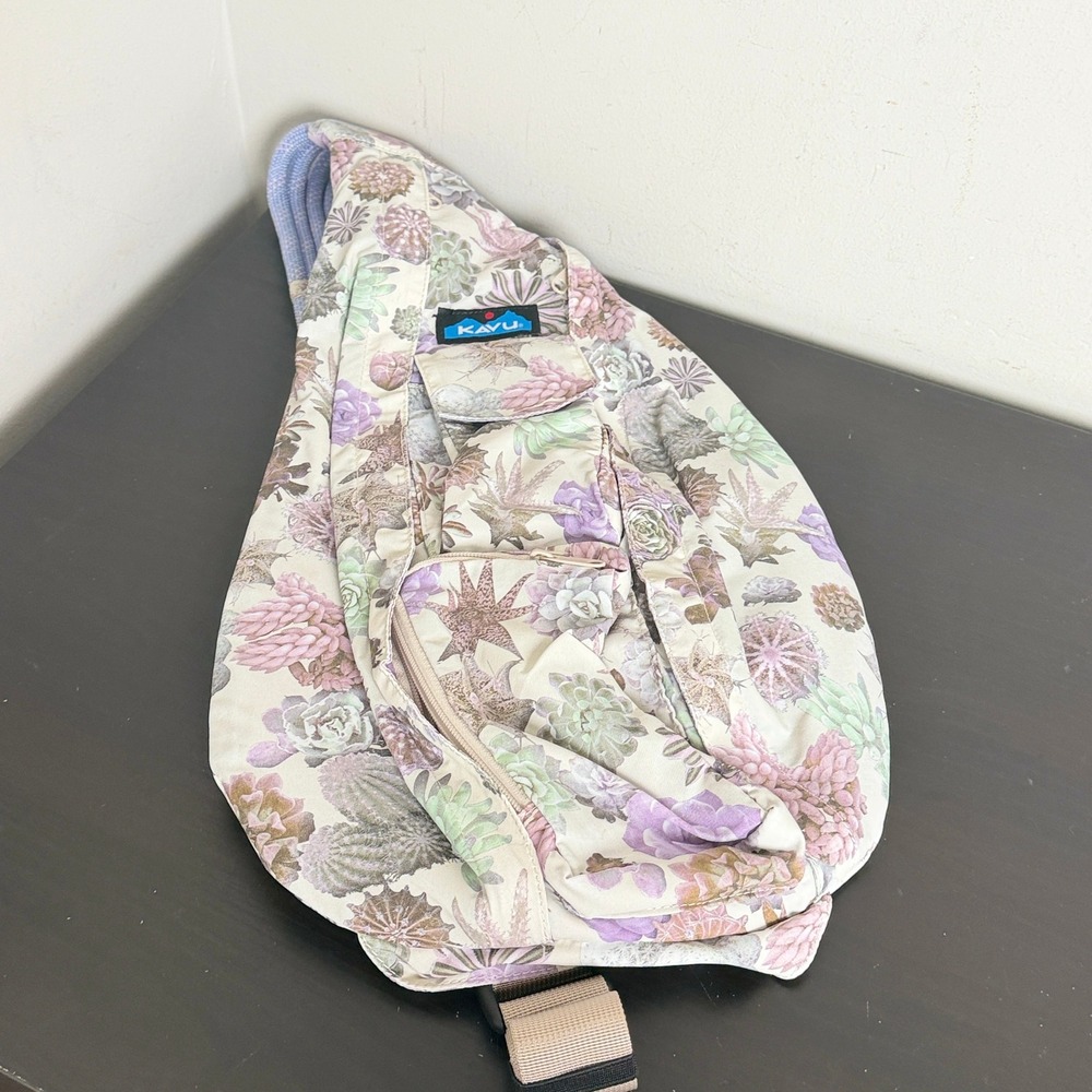 KAVU Rope Sack Succulent Floral Sling Bag Adjustable Rope Strap Backpack Purple